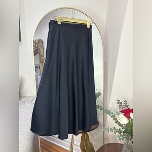 Black A-Line Satin Midi Skirt with slit